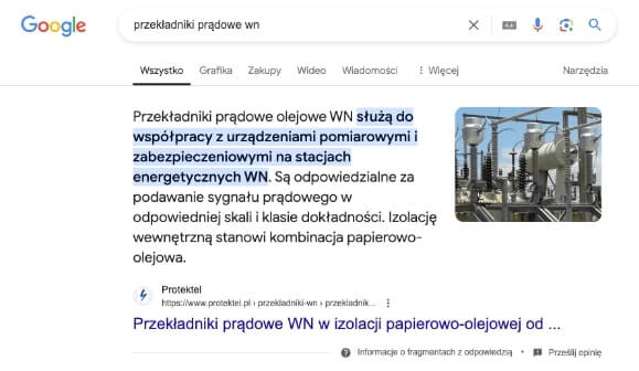 Wynik wyszukiwania w Google jako rekomendowana odpowiedź, czyli jeden z efektów dobrego pozycjowania i SEO strony.