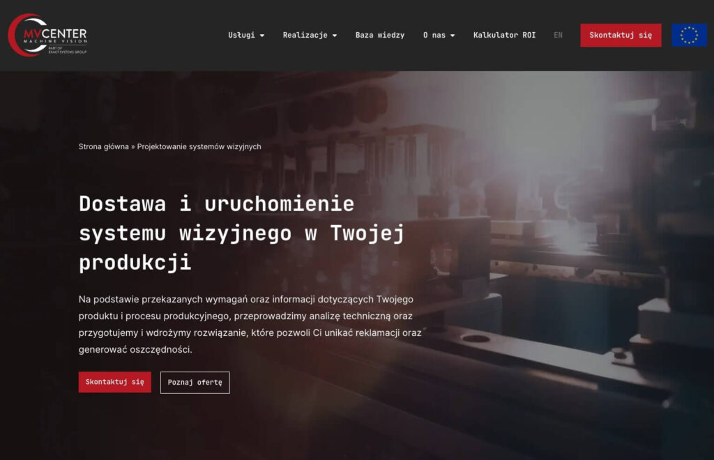 Zrzut ekranu z wdrożenia prezentujący stronę omawiającą usługę projektowania i wdrażania systemów wizyjnych, czyli głównej usługi klienta.