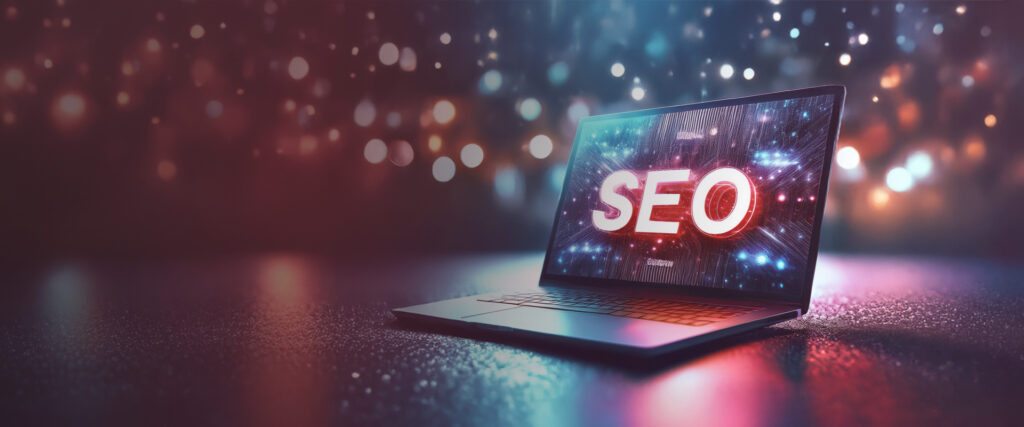 Laptop z napisem SEO podkreślający temat artykułu: SEO w B2B